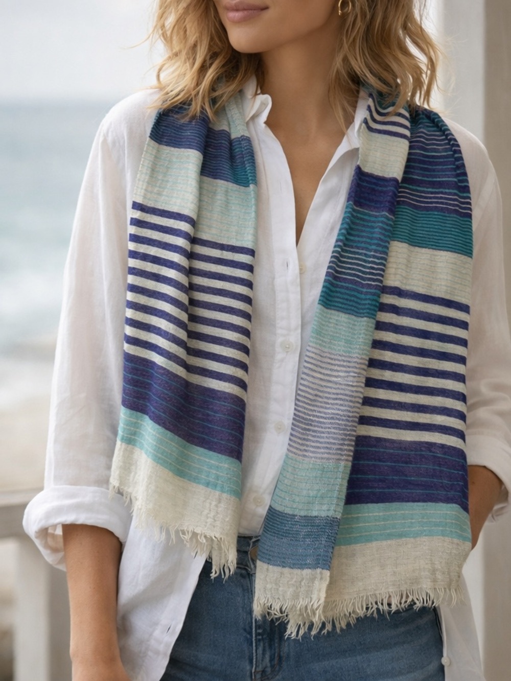 Coldwater Creek Striped Scarf in Navy, Teal & Cream